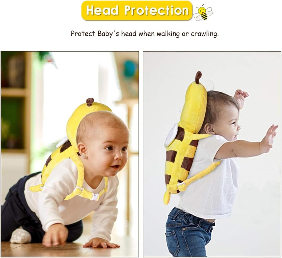 Baby Head Protector Backpack, Adjustable Backpack Toddlers Head Safety Pad Cushion, Baby Head Back Protection Safety Pads for Walking Crawling, for Age 5-24 Months(Yellow BEE,1P)