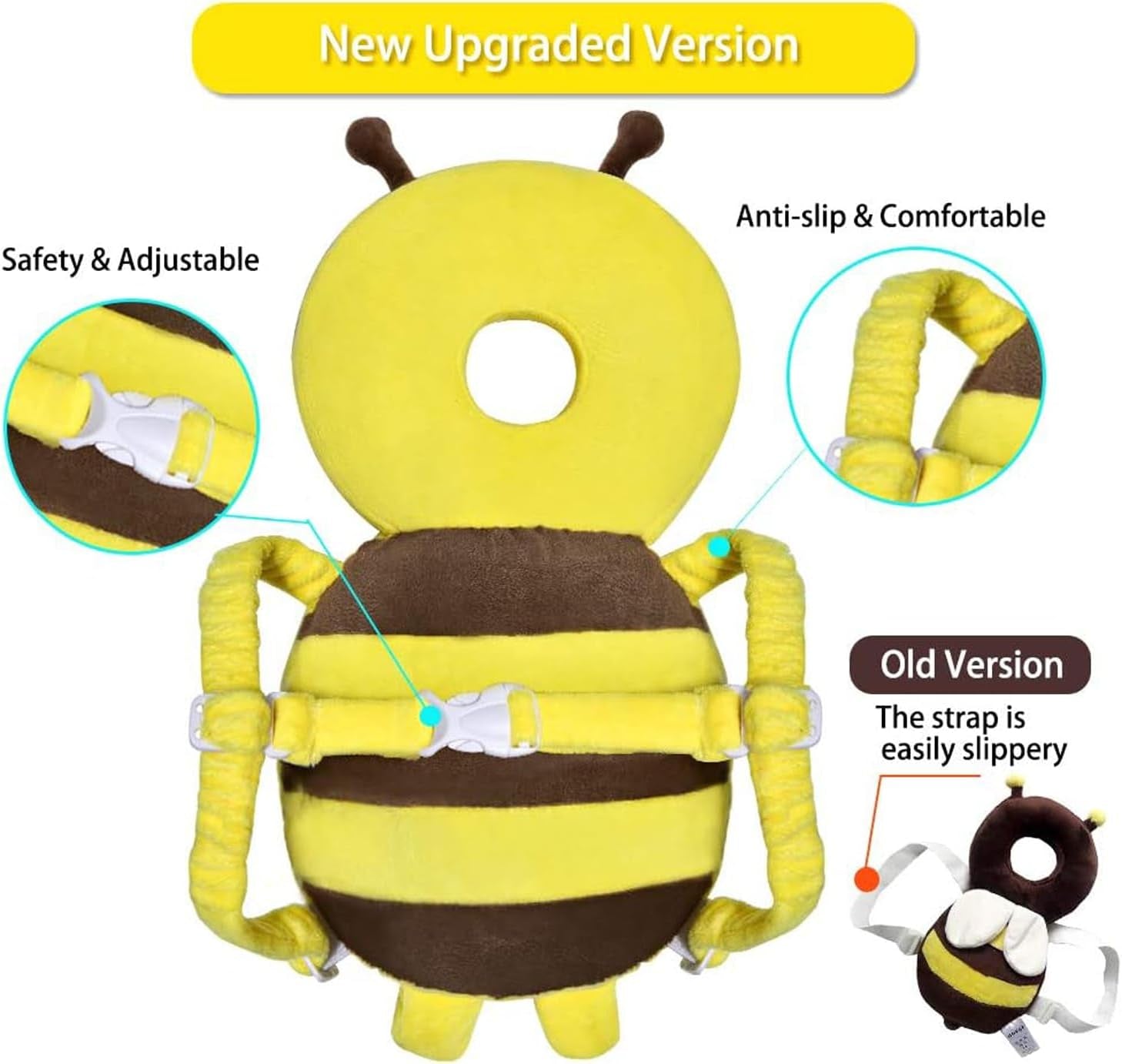 Baby Head Protector Backpack, Adjustable Backpack Toddlers Head Safety Pad Cushion, Baby Head Back Protection Safety Pads for Walking Crawling, for Age 5-24 Months(Yellow BEE,1P)